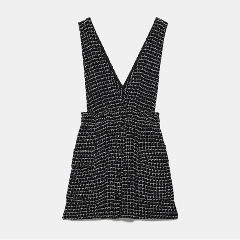 Zara Black Tweed Pinafore Mini Dress Pockets Buttons Women's Small